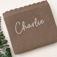 Personalised Scalloped Cotton Knit Baby Blanket Mocha