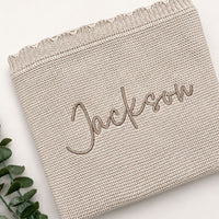 Personalised Scalloped Cotton Knit Baby Blanket Oatmeal