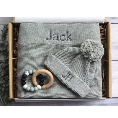 Personalised Scalloped Cotton Knit Baby Blanket Grey