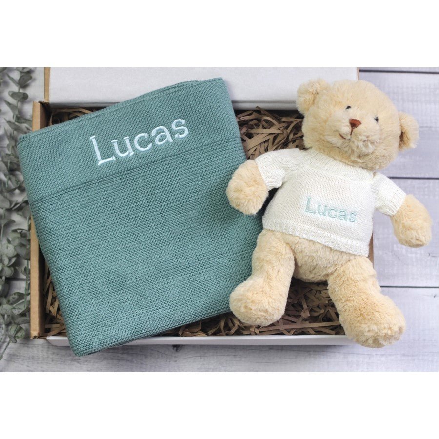 Cuddles Baby Gift Box – Seafoam| Personalised Blanket & Teddy