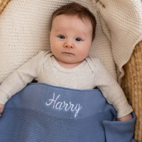 Personalised Cotton Knit Baby Blanket Dusty Blue - Fauve + Co