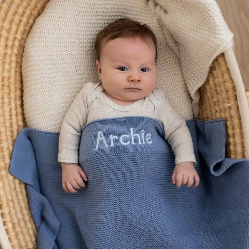 Personalised Cotton Knit Baby Blanket Dusty Blue (PRE-ORDER ETA 7/11)