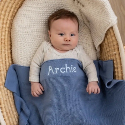 Personalised Cotton Knit Baby Blanket Dusty Blue (PRE-ORDER ETA 7/11)