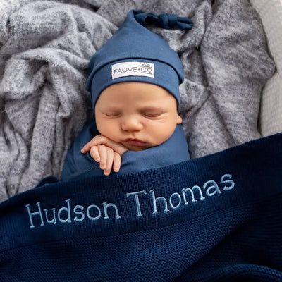Personalised Cotton Knit Baby Blanket Navy - Fauve + Co