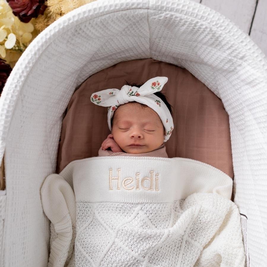 Personalised Diamond Cotton Knit Baby Blanket Cream (PRE-ORDER ETA 7/11)