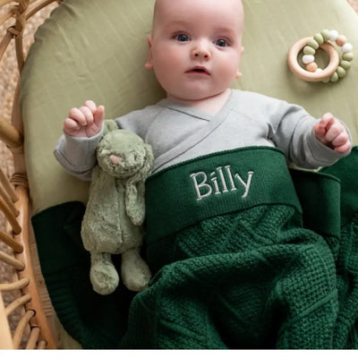 Personalised Diamond Cotton Knit Baby Blanket Emerald - Fauve + Co