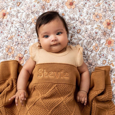 Personalised Diamond Cotton Knit Baby Blanket Rust - Fauve + Co