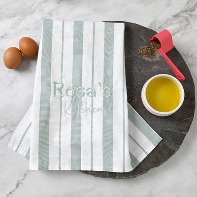 Personalised French Stripe Cotton Tea Towel Sage - Fauve + Co