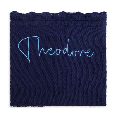 Personalised Scalloped Cotton Knit Baby Blanket Midnight Blue - Fauve + Co