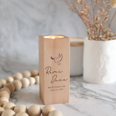 Personalised Wooden Baptism Tea Light - Dove - Fauve + Co