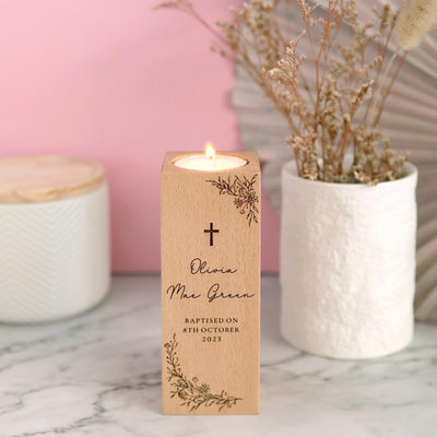 Personalised Wooden Baptism Tea Light - Floral - Fauve + Co