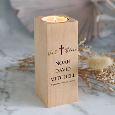 Personalised Wooden Baptism Tea Light - God Bless - Fauve + Co