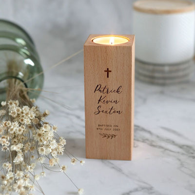 Personalised Wooden Baptism Tea Light - Leaf - Fauve + Co